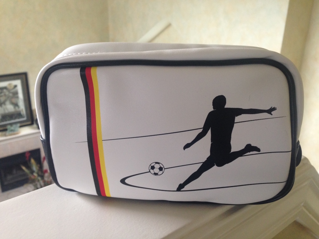 a white bag with a picture of a football player on it