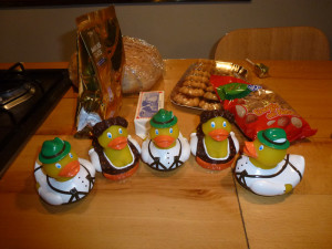a group of rubber ducks on a table