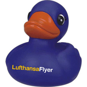 a blue rubber ducky with yellow text