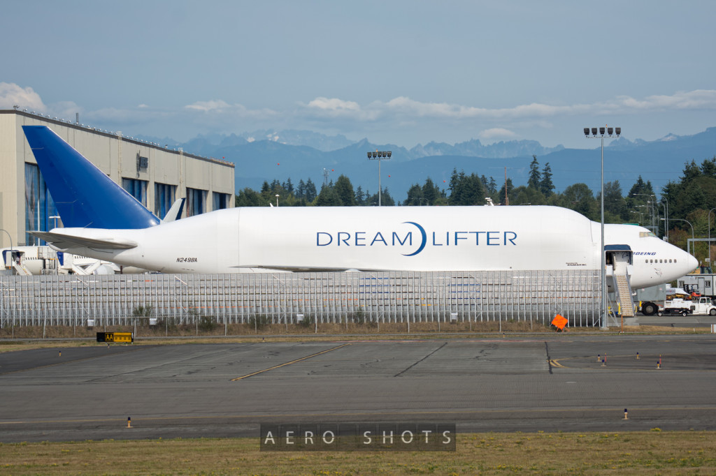 This retrofitted 747, dubbed DreamLiner, is used to transport large aircraft structures between Boeing and their suppliers