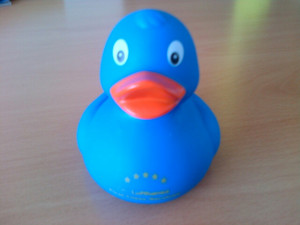 a blue rubber duck on a table