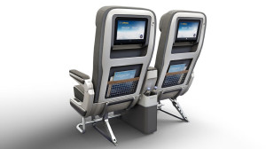 a pair of seats with a screen on them
