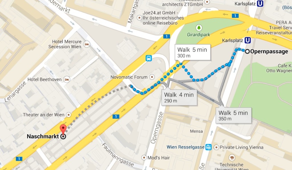 Google Maps:  It's a 5 minute walk from Karlsplatz, or if you are in a hurry, it can be done in 4 minutes!