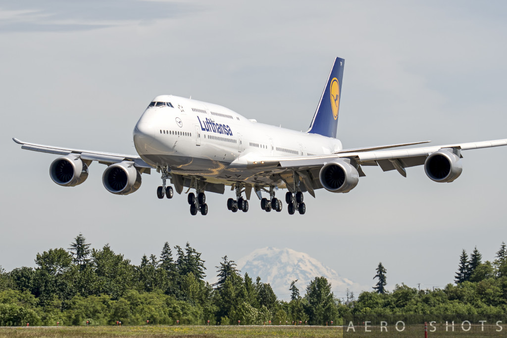 Lufthansa's D-ABYP landing in Paine Field after a 'Customer Flight'.   This aircraft also happens to be Boeing's 1500th 747.