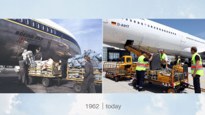 a collage of people loading luggage onto a plane