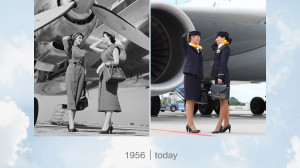 two women in uniform standing in front of an airplane