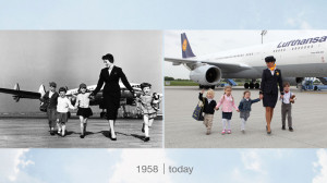 a collage of children walking with a woman and a plane