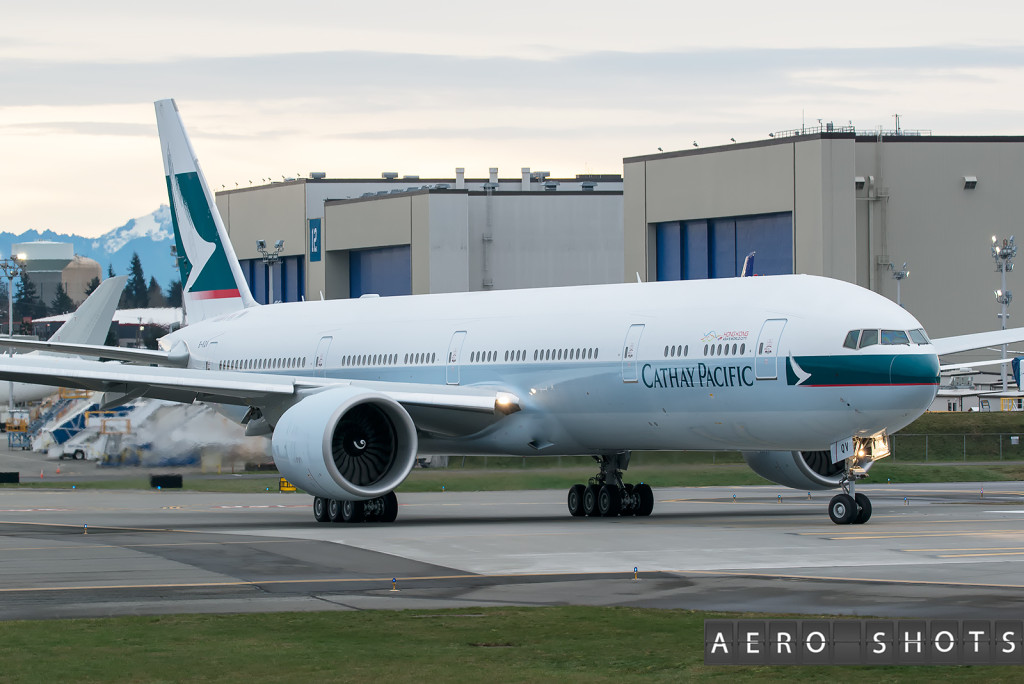Cathay's B-KQV enters the runway for her test flight