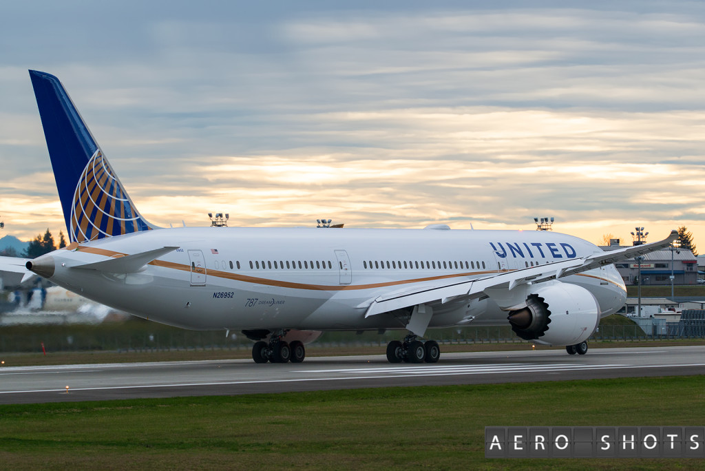 A new United 787 departs on her final test flight prior to delivery.