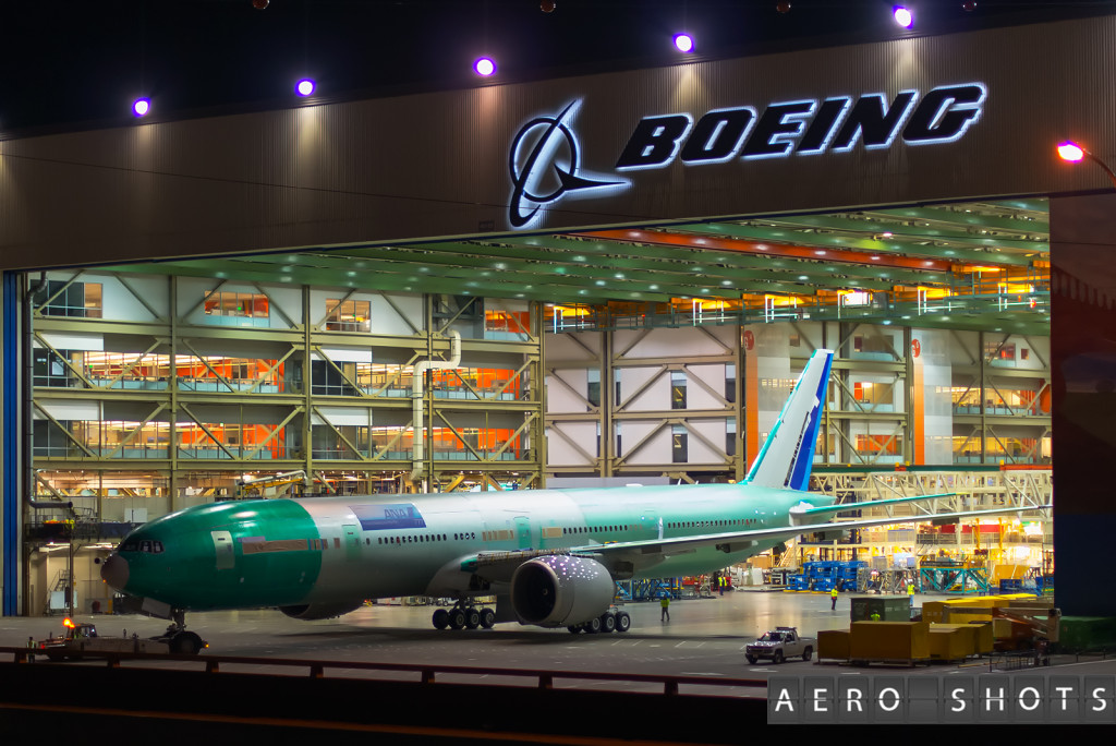A rare sight, an ANA 777 being moved in the Boeing Factory.