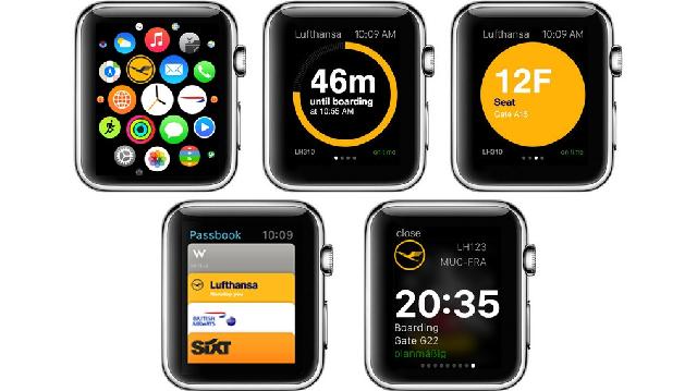 Various screen shots depicting the Lufthansa App on the Apple Watch (Courtesy: Lufthansa)