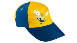 a blue and yellow hat with cartoon birds on it