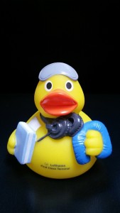 a yellow rubber duck with a hat and book
